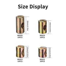 Pack of 60 M6 Cross Nut Bolts, Cross Dowel Barrel Nuts, Slotted Metal Barrel Nuts, Barrel Nut, Furniture Cylinder Nuts, Symmetrical Cross Nut Nuts for Furniture Beds, Chairs, 11 mm, 13 mm, 20 mm, 24