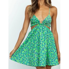 Deslimale Womens Summer Floral V Neck Adjustable Spaghetti Casual Short Dress with Ring (S, Floral Green)