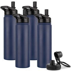 DOMICARE Insulated Water Bottle, 22 oz Vacuum Insulated Stainless Steel Reusable Sports Bottle with Straw Lid & Spout Lid for Travel, Camping, Bike, Leakproof, Navy Blue, 4 Pack