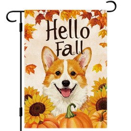 DLZDN Hello Fall Dog Garden Flag Corgi Pumpkins Sunflower Flag 12×18 Inch Double Side Vertical Burlap Farmhouse Yard Sign Autumn Seasonal Outdoor House Decoration