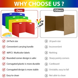 MuseLuxe 24 Pack Privacy Folders for Students - Durable & Waterproof Plastic Study Desk Dividers,Test Dividers for Classroom,Easy to Clean Privacy Shields & Boards -4 Color,Includes Extra 48 Labels