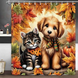 ICTEISOM Fall Shower Curtains for Bathroom, Autumn Maple Leaves Cute Cat Dog Decorative Harvest Farmhouse Home Decor Polyester Fabric Bath Curtain Set 72x72 Inch
