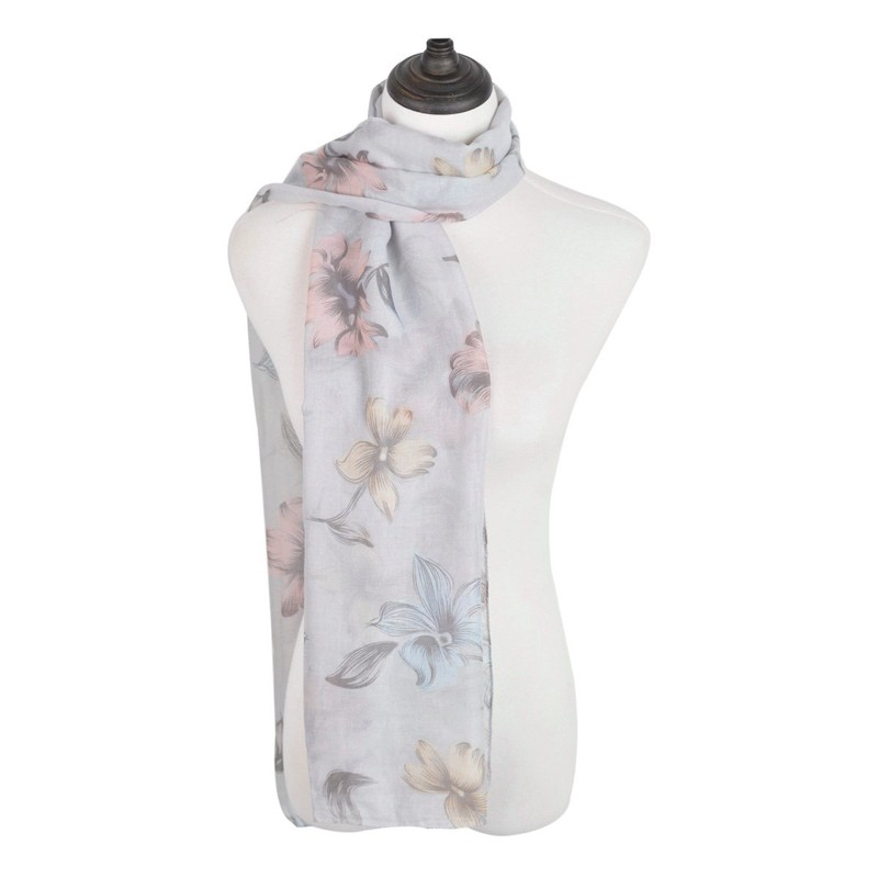 Elegant Viscose Artistic Floral Print Fashion Scarf Wrap, Grey