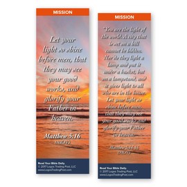 Christian Bookmark with Bible Verse, Pack of 25, Mission Themed, Let Your Light So Shine Before Men, Matthew 5:16