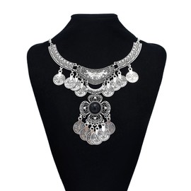 Bethynas Bohemian Ethnic Tribal Chunky Necklace Multilayer Long Tassel Turquoise Statement Neck Chain Retro Coin Gemstone Exaggerated Costume Accessories for Women (G-Black)