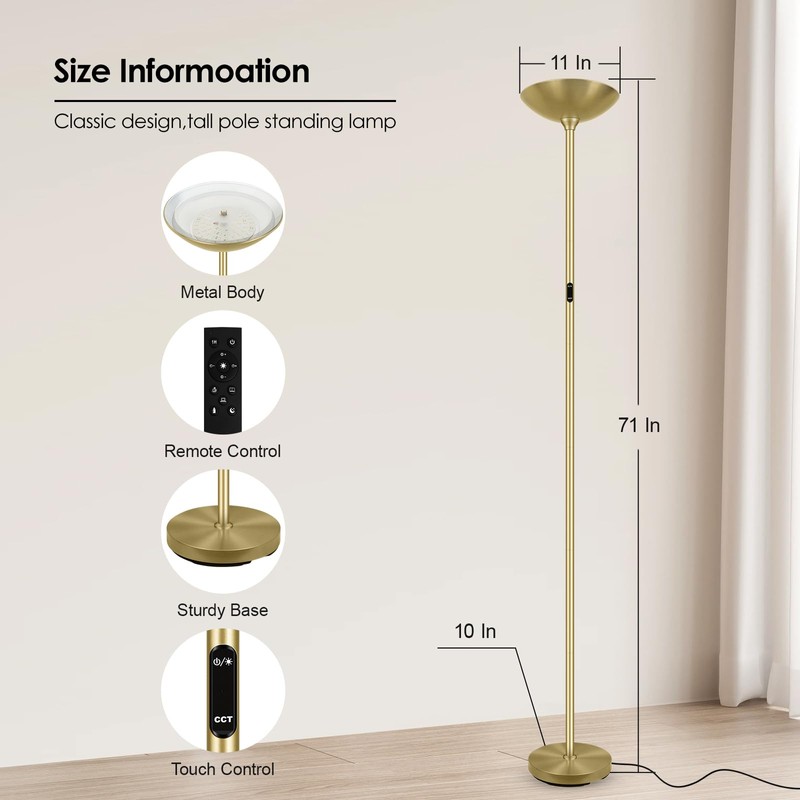 Stepless Dimmable Floor Lamp,30W 3000LM Super Bright LED Torchiere Floor