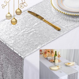 ShinyBeauty Sequin Table Runner-Silver-12x72-Inch Wedding Table Runners Bridal Shower Decor Dining Table Runner Party Supplies Glitter Table Runner Birthday Party Decor (12x72-Inch, Silver)