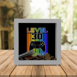 30th Birthday Gamer Frame Wooden Money Box with Saying Level 30 Complete Perfect for Gamers Gaming Anniversary Ideal for Console PC on TV Guests Love It for Birthday