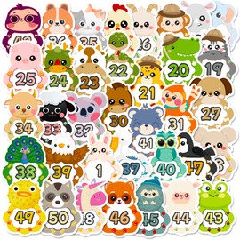 50 Pieces Cute Animal Alphabet Numbers Stickers, 1-50 Number Arrangement Stickers for Children Student, Vinyl Waterproo Kawaii Cartoon Colourful Stickers