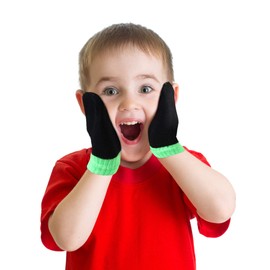 SATINIOR 3 Pairs Toddler Magic Stretch Mittens Full Finger Knit Gloves Winter Warm Mittens (Black with Green, Camel Color with Khaki, Grey with Dark Blue)