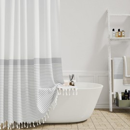 Dynamene Extra Long Shower Curtains, 84 Inches Long Farmhouse Boho Striped Fabric Tassel Shower Curtains for Bathroom, Tall Bohemian Linen Textured Cloth Shower Curtain Set with Hooks, Grey, 72x84