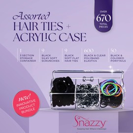 Snazzy Hair Accessories Gift Set - 670 Total Hair Accessories for Women, Girls, Men, Boys, Kids, Teens & Adults - Mini Scrunchies, Hair Ties, Elastics & Ponytail Holders in Storage Container Kit