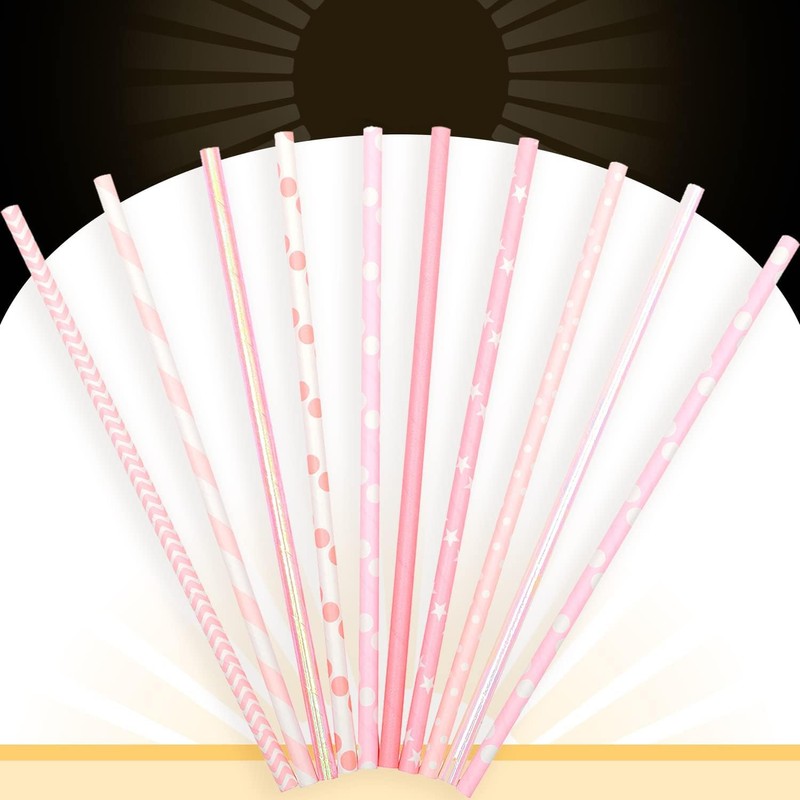 qiqee 150pcs Pink Paper Straws for Drinking Disposable Straws Disposable