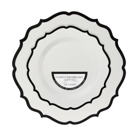 PLASTICPRO 64 Pack Elegant Disposable Plastic Plates Combo Set Includes 32 Dinner Plates and 32 Salad Plates Heavy Duty Fancy Party Plates White & Black Contemporary Design