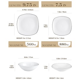 MALACASA Dinnerware Sets, 24 Piece Porcelain Square Dishes, White with Black Rim Plates and Bowls Sets, Ceramic Dish Set for 6, Chip Resistant Dishware Sets, Series ELISA