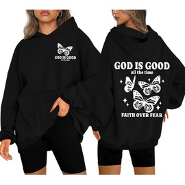 MAXIMGR Christian Sweatshirts for Women God Is Good Hoodies Oversized Jesus Religious Sweater Bible Verse Pullover Tops Black