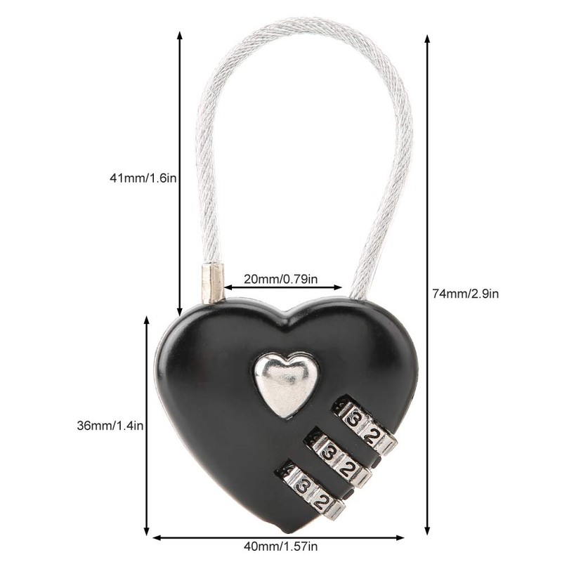 Love Heart Lock, Heart Shape 3 Digit Code Combination Luggage