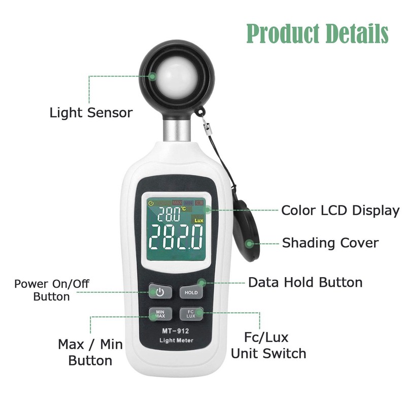 Digital Light Meter,V·Resourcing Handheld Illuminance Meter with Ambient Temperature Measurer,Range