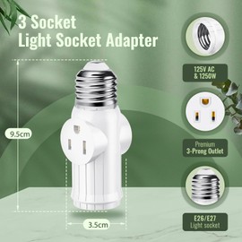 2 Packs Light Bulb Plug Adapter, Screw in E26 E27 Light Socket to Plug Adapter for Expanding 2&3 Prong Sockets, Safety Performance Light Socket Adapter for Patio, Garage, Porch (White)