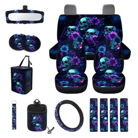 Baxinh Skull Floral Print Car Seat Cover Split Covers with Auto Seat Belt Cover Non Slip Steering Wheel Cover Keychain Trash Bin Bag Universal Fit for Cars SUVs Sedans, Blue