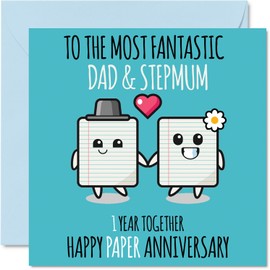 Cute Paper Anniversary Card for Dad & Step Mum - 1 Year Together - Happy 1st Wedding Anniversary Cards for Step Mum Dad, 5.7 x 5.7 Inch Greeting Cards for First Anniversaries