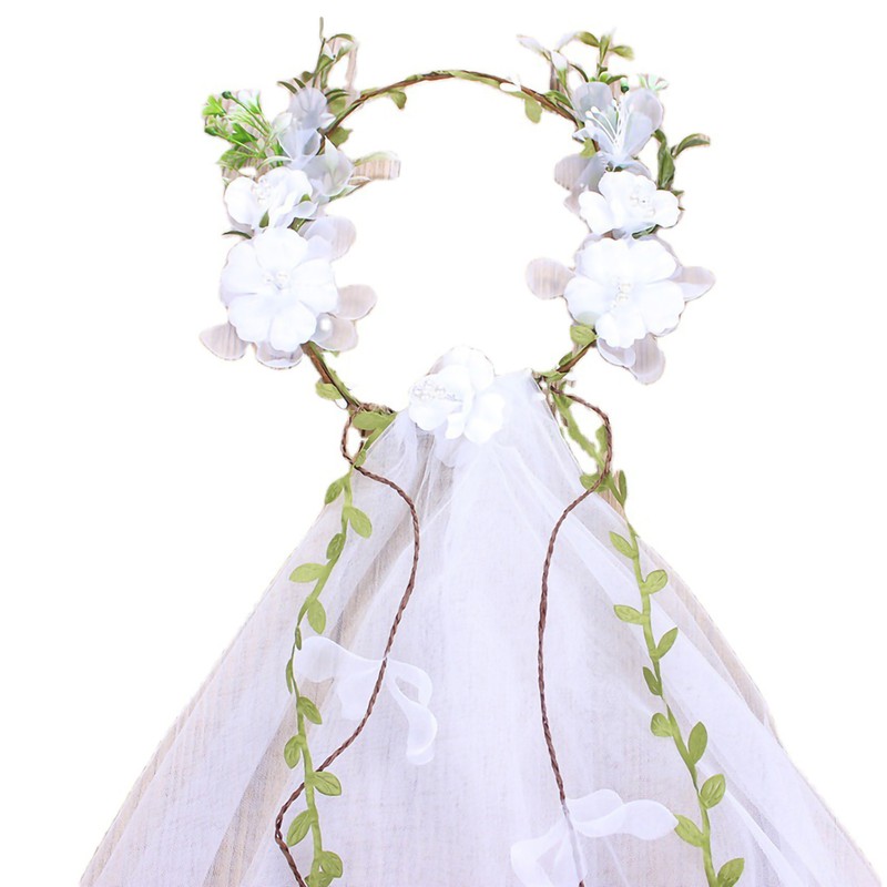 White Garland Veil Green Branch Exquisite Elegance Manual Satin Garland