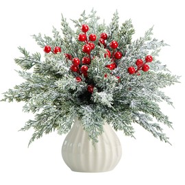 60 Pcs Artificial Christmas Snow Pine Branches with Red Berry Stems, Snowy Faux Greenery Norfolk Pine Cypress Leaves Stems, Berries White Frosted Fake Foliage Pine Needle Picks for Garland Home Decor