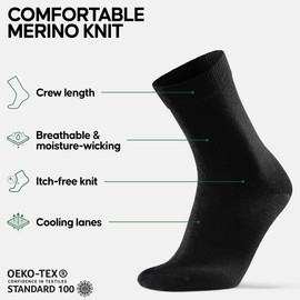 DANISH ENDURANCE Merino Wool Socks Mens, Moisture Wicking Dress Socks, Breathable Mens Socks, Black Socks, 3 Pack, Black, 9-12