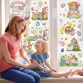 Easter Window Clings, Easter Decorations Stickers with Rabbit, Eggs, Carrot, Egg Basket, Flower Wreath, Flower, Butterfly for Easter Decoration, 2024 Holiday Decals Party Easter Supplies