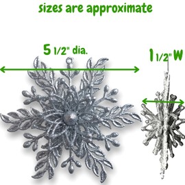Silver Snowflake Ornaments - Set of 6 - Glittered Christmas Ornaments - 3-D Snowflakes - Silver Winter Holiday Party Décor 5 3/4" D