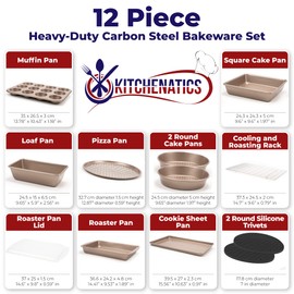 KITCHENATICS Nonstick Bakeware Set, Heavy Duty Professional Kitchen Baking Pan Set Cookie Sheet Set, Cooking Baking Set, Baking Pans, Carbon Steel Bakeware Set, Oven Pan Set - Champagne Gold 12-PC