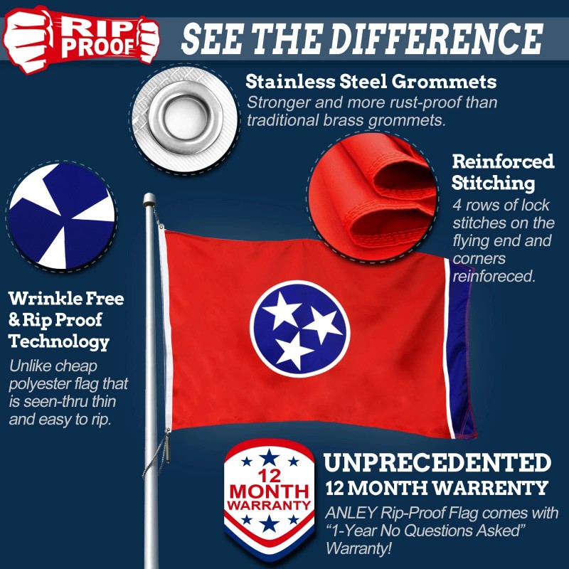 Anley Rip-Proof Double Sided 3-Ply Tennessee State Flag - Tennessee