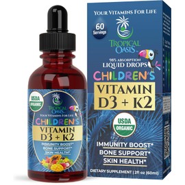 USDA Organic Vitamin D3 K2 Liquid Drops | Vitamin D3 K2 Supplement for Kids & Toddlers Ages 1+ | Kids Supplement for Calcium Absorption Strong Bones | Vegan, Non-GMO | 2 Fl Oz