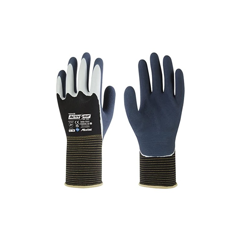 [東和コーポレーション] Activ Grip アクティブグリップ XA-324 8/Mサイズ 《天然ゴム背抜き手袋/指全体コーティング/リニューアル》 ブラック