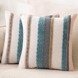 BENVWE Christmas Boho Pillow Covers 18x18 Set of 2,Decorative Farmhouse Cushion Case Soft Chenille Striped Square Throw Pillow Covers Accent Nuetral Textured Pillowcases for Couch Sofa Bed,Blue