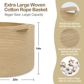 MEGASKET Extra Large Storage Basket, 22" X 22" X 14" Stuffed Animal Basket for Living Room Kids Room, Soft Cotton Rope Bin With Handle, Throw Blanket Storage, Stuffed Animal Toy Organizer Box