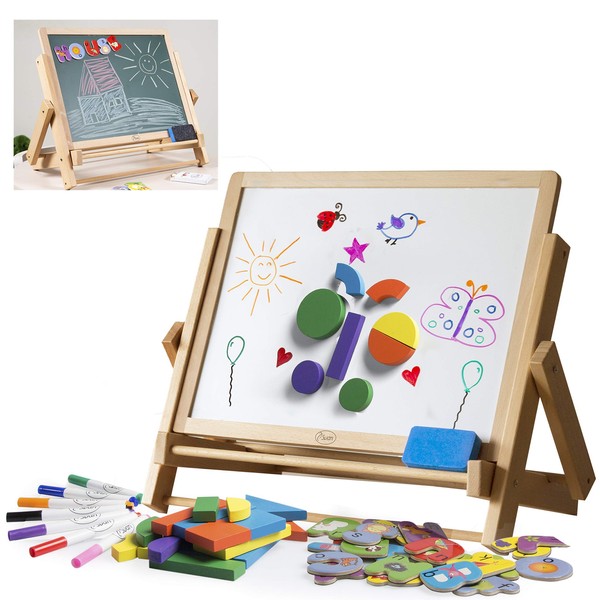 Wood Double-Sided Tabletop Easel 80 pc Activity Set for Kids - Childrens Magnetic Dry Erase Whiteboard & Chalkboard, Alphabet Phonic Letters & Shapes - Art STEM Play Center, Great Girls Boys Gift