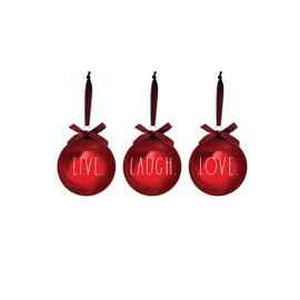 Rae Dunn Christmas Ornaments - Set of 3 Red Glass Balls - Live, Laugh, Love - 100mm / 3.94 Inch Large Hanging Holiday Decorations for Xmas Tree