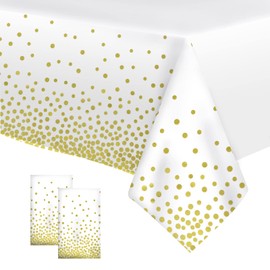 Paready Tablecloths for Party Disposable 2 Piece Table Cover Table Mats Party Supplies Decoration Wedding Anniversary Celebration Event Decoration 54.5 x 108.7 inches (137 x 274 cm), Gold White