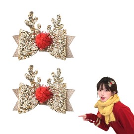 Christmas Glitter Hair Bow Clips Christmas Deer Antler Hair Clips Christmas Hair Accessories Gold Sparkly Bow Hair Clips 2pcs Holiday Reindeer Hair Clips Barrettes Gold Hair Bows Pins Clips