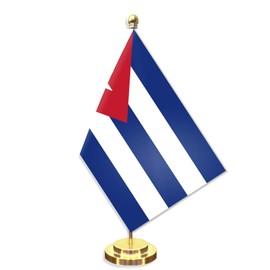 Cuba Desk Small Flag Set,5×8 Inch Cuban Mini Desktop table Banner,12 inch Metal Solid Pole Decor,Tiny Digital Printed Polyester Banner With Golden Base