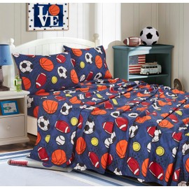 Chezmoi Collection 4-Piece Kids/Teens Sports Balls Sheet Set - Soft Microfiber Navy Blue Gray Orange White Printed Football Soccer Basketball Baseball Tennis Fun Kids Sheets, Full Size