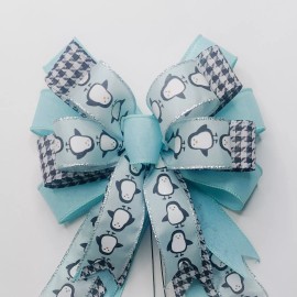 Handmade Penguines on Satin, Houndstooth and Aqua Christmas Bow