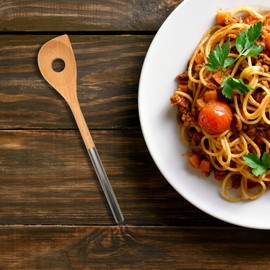 Fackelmann 30374 Beech Wood Risotto Spoon and Stainless Steel Handle, Slanted Holes, Kitchen Spoon or Serving Spoon, Wood, Stainless Steel, 34 x 6.5 cm