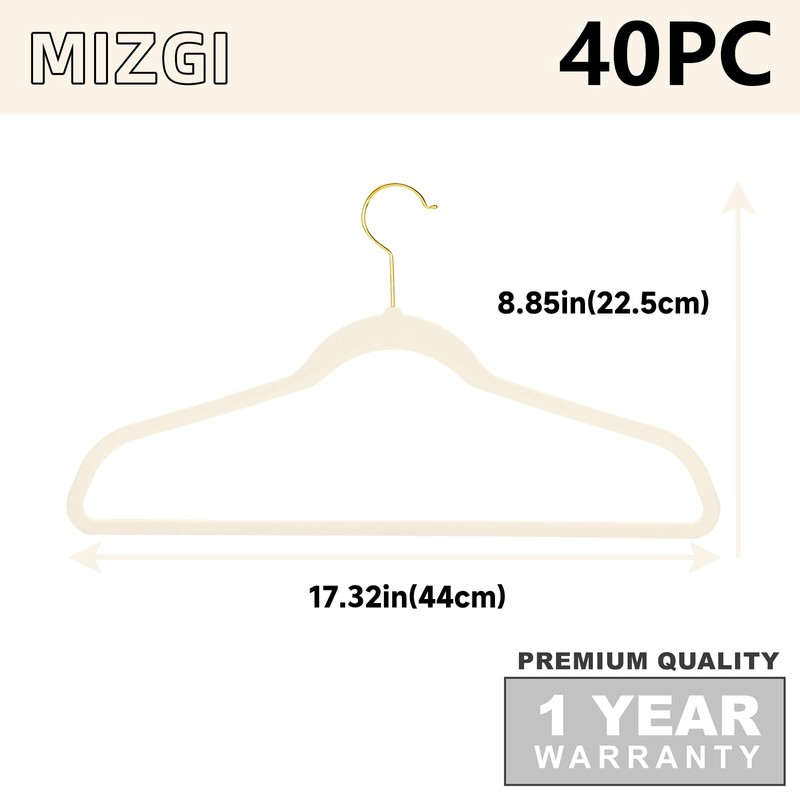 MIZGI Ivory Velvet Hangers 40 Pack,Premium Gold Clothes Hangers Non-Slip