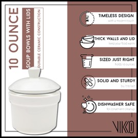 Vikko Soup Crocks With Lids, 10 Ounce Modern White Soup Bowl with Cover, Set of 6 Soup Dishes, Dishwash Safe