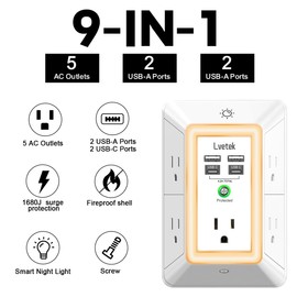 Multi Plug Outlet Surge Protector - Lvetek 3-Sided Power Strip with 5 Outlet Extender and 4 USB Ports(2 USB-C) and Night Light, USB Wall Charger for Home, Office, Travel, ETL Listed, White