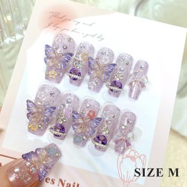 LIFOOST Press On Nails Butterfly Handmade with Full Covered Crystals Reusable Fake Nails Almond Mid Length Art Gem Stone Nail