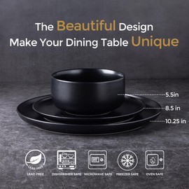 LERATIO Stoneware Dinnerware Sets for 6,Handcarft Ceramic Plates and Bowls Sets,Chip and Scratch Resistant Dishes, Dishwasher & Microwave Safe, Oven safe,Reactive Glaze-Black