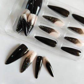 French Tip Press on Nails Black Glitter Fake Nails Long Stiletto False Nails Almond Glue on Nails Acrylic Nails Glossy Full Cover Stick on Nails for Coquette Women Girls Quick Manicure Kit 24Pcs